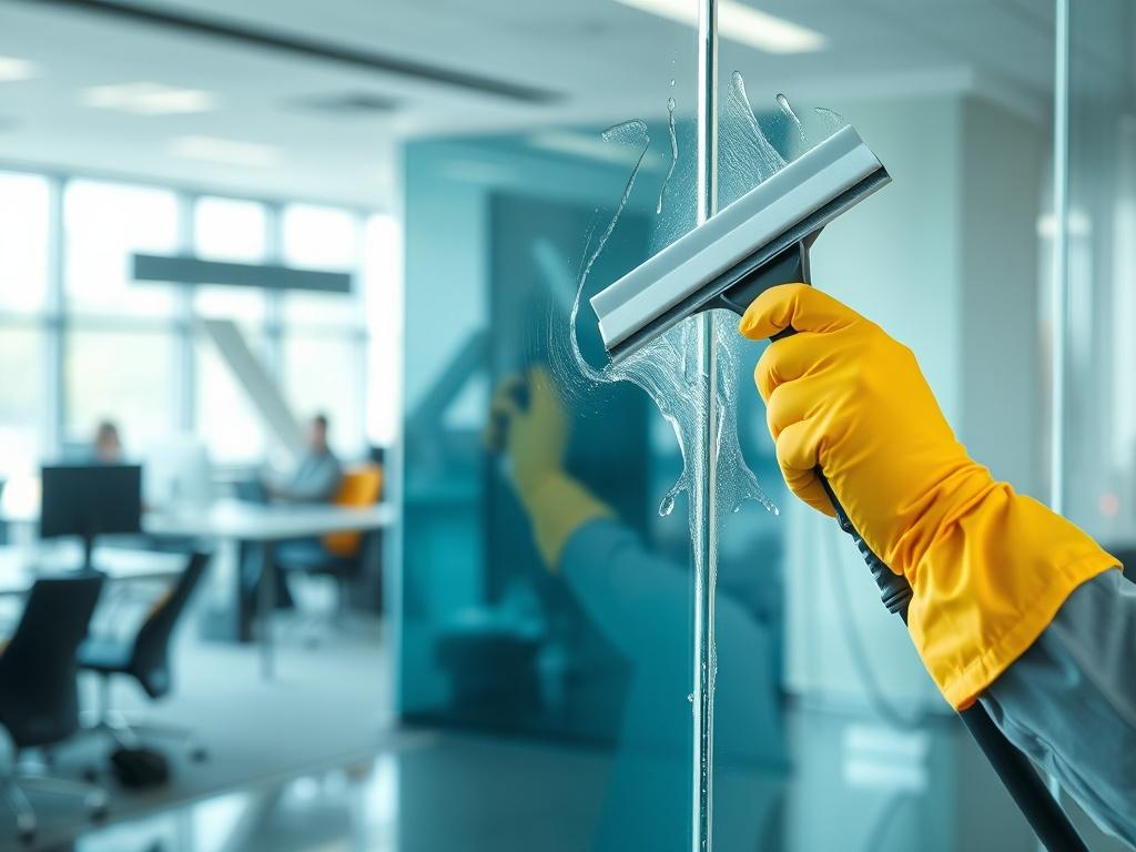 A hyper-realistic close-up shot of a professional window cleaner in action, cleaning an interior glass wall. The cleaner is using a squeegee and there are reflections of a modern office environment in the glass. The background is softly blurred to emphasize the clarity of the glass being cleaned. The lighting is bright and natural, highlighting the cleanliness and shine of the glass. The scene conveys a sense of professionalism and attention to detail.