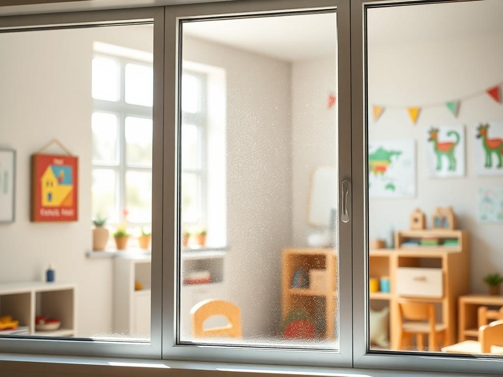 A clean, bright window in a cozy vuggestue (daycare) environment. The window should have no visible dust or smudges, and sunlight should be streaming through, illuminating the room. The background should include playful decorations and children's artwork on the walls, creating a warm and inviting atmosphere. The focus should be solely on the pristine window to showcase the quality of the cleaning service offered by Lemenzo Vinduespolering.