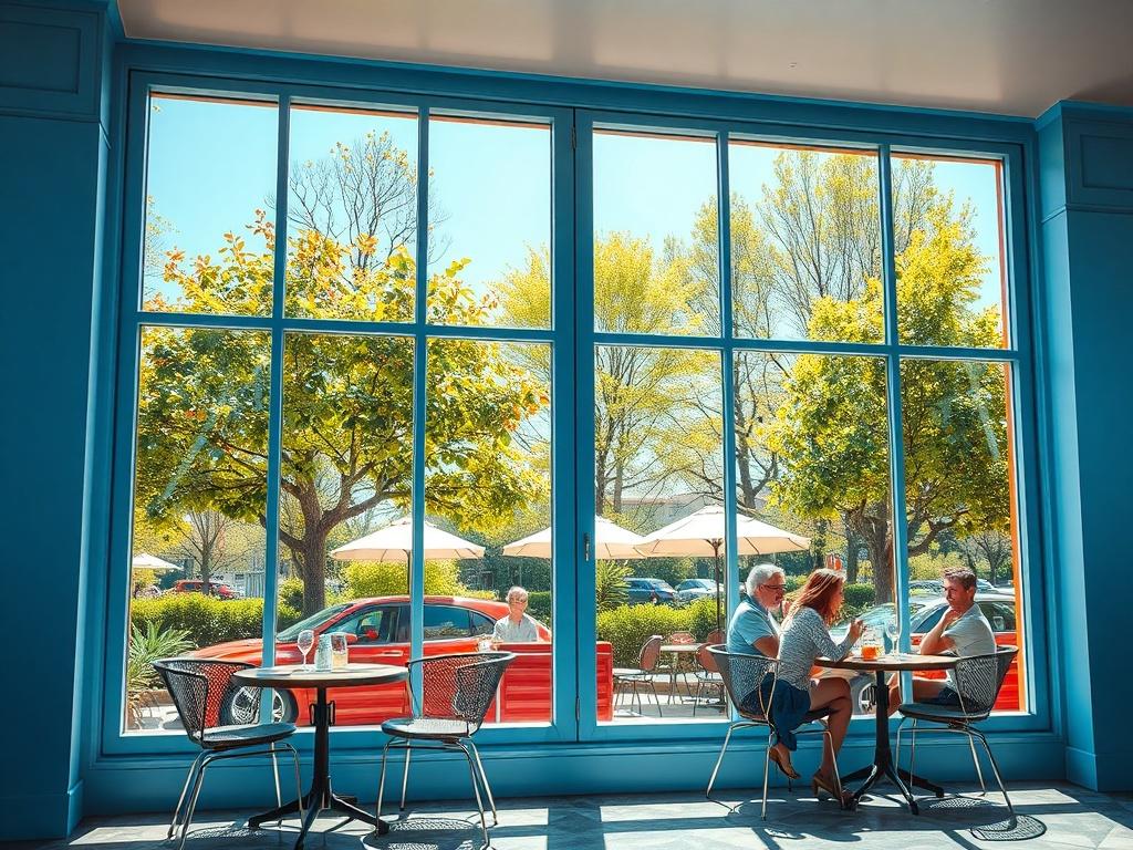 A realistic high-resolution photo of a bright and inviting café with large, clean windows showing a vibrant outdoor scene. The sunlight reflects off the windows, making them shine. The café should have a welcoming atmosphere with tables set up outside and a few customers enjoying their drinks. The background should include trees and a clear blue sky, emphasizing a pleasant day. The color scheme should incorporate shades of blue to match the primary color rgb(40, 93, 225).