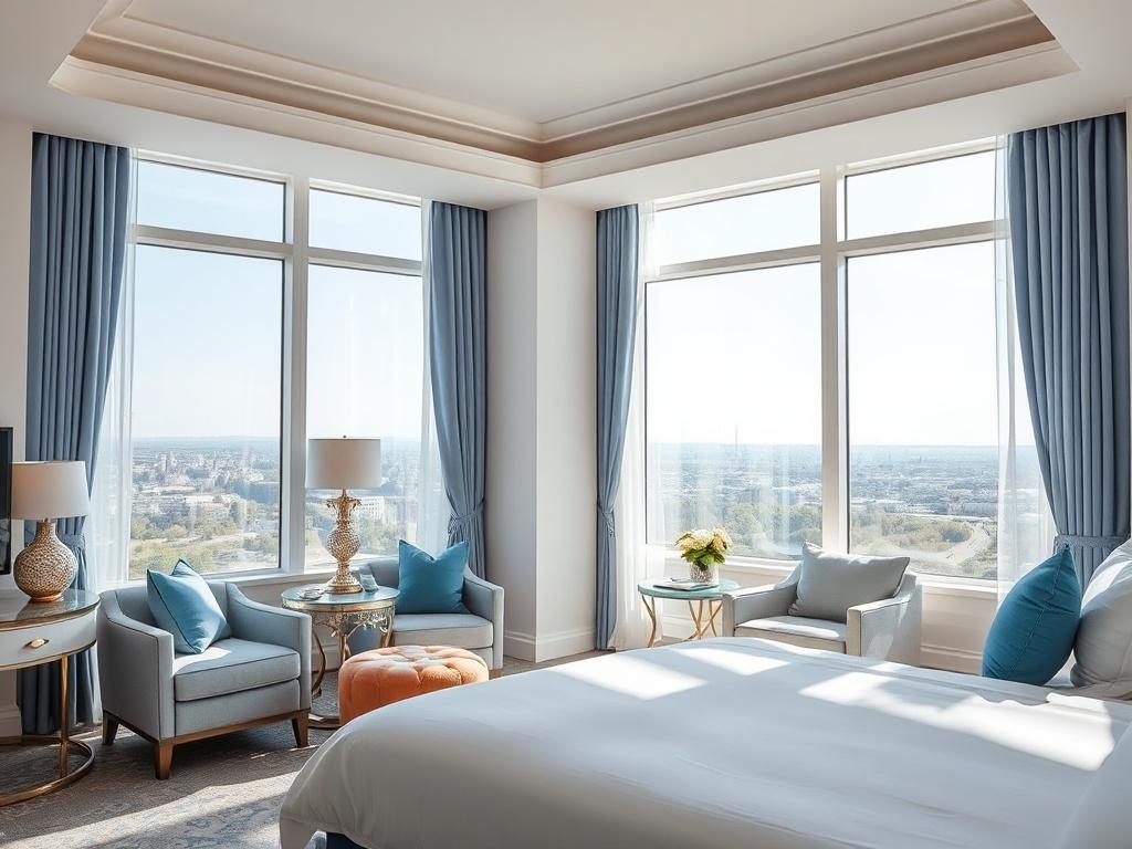 A beautiful, well-maintained hotel room with large windows allowing natural light to flood in. The room features elegant furniture, soft bedding, and tasteful décor. The windows are crystal clear, showcasing a lovely view of the outdoors. The atmosphere is inviting and comfortable, perfect for a relaxing stay. The color scheme includes shades of blue and white, with accents that complement the primary color rgb(40, 93, 225). The background is bright and airy.