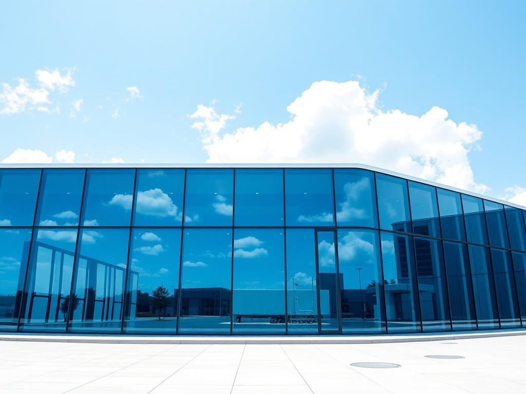 A high-resolution photo of a commercial building with large glass windows reflecting the sky. The building should be modern and sleek, showcasing clean lines and an impressive glass facade. The image should focus on the windows, highlighting their clarity and cleanliness. The background should be a blue sky with a few fluffy clouds, enhancing the feeling of brightness and openness. The color scheme should complement the primary color rgb(40, 93, 225) with vivid blues and whites.