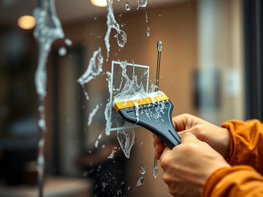 A close-up shot of a window with soap and water being applied, while a professional cleaner uses a glass scraper to remove a sticker from the window. The background should be blurred to emphasize the action, with a focus on the clear glass and the scraper in use. The image should have a hyper-realistic style, shot with a 45mm f/1.2 lens, showcasing the meticulous detail of the window cleaning process.