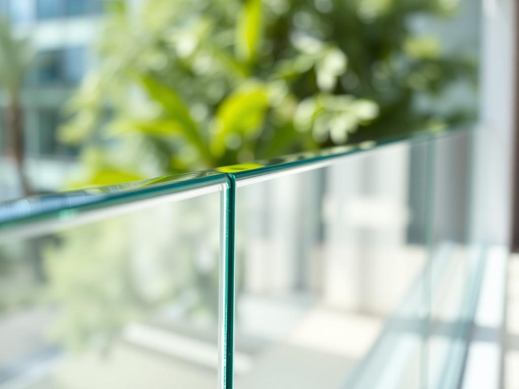 A close-up shot of a beautifully polished glass railing, showcasing its crystal-clear transparency with no streaks. The glass appears to be resistant to dirt and lime scale, reflecting a bright and clean environment. The background is softly blurred to emphasize the glass railing, and the lighting highlights the shine and clarity of the glass. The image should be shot with a 45mm f/1.2 lens style, ensuring a hyper-realistic appearance. The primary color theme should complement the RGB color of (40, 93, 225)