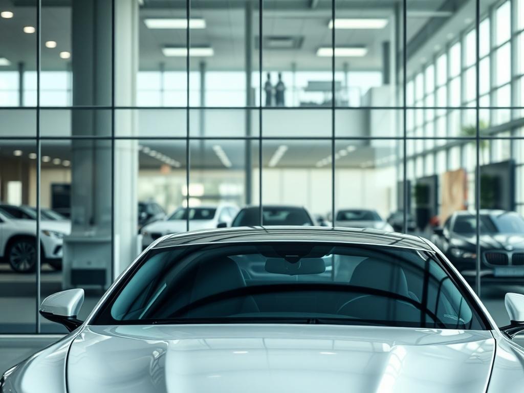 A high-resolution image of a large car dealership showroom with pristine glass windows reflecting the cars inside. The focus is on the sparkling clean glass, showcasing a luxury car in the foreground. The background should be blurred slightly to emphasize the clarity of the windows, and the overall color tone should harmonize with the rgb(40, 93, 225) primary color scheme.