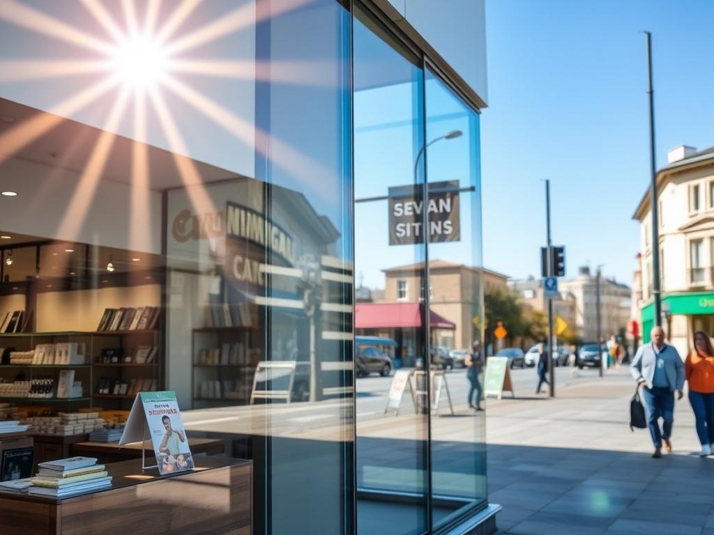 A clean and inviting storefront with large glass windows reflecting a bright, sunny day. The shop displays are neatly arranged, showcasing products inside. The windows are crystal clear, emphasizing the cleanliness and professionalism of the store. The background shows a well-kept street with pedestrians walking by, contributing to a lively atmosphere. The image should be bright and vibrant, highlighting the importance of clean windows for attracting customers.