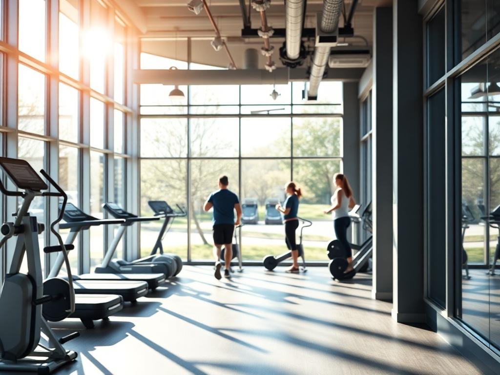 A realistic high-resolution photo of a fitness center with large, clean windows. The focus is on the bright and inviting atmosphere created by natural light streaming through the windows. In the background, there are fitness equipment and people exercising, showcasing an active and healthy environment. The windows should be sparkling clean, reflecting the care and service provided by Lemenzo Vinduespolering.
