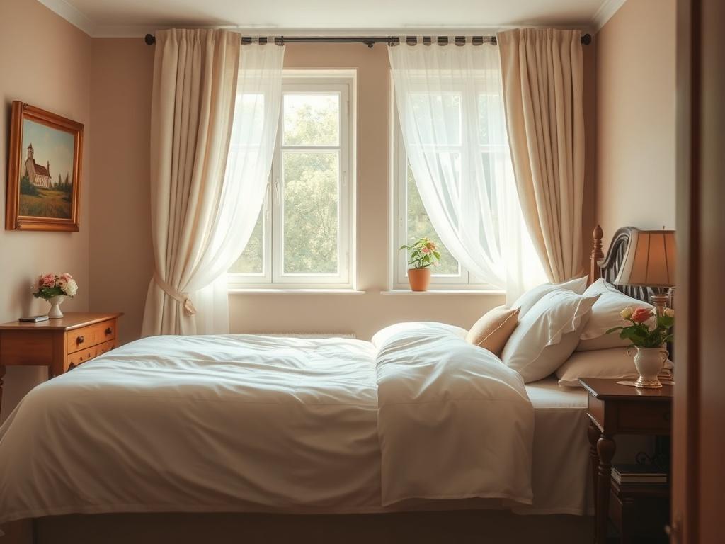 A cozy and inviting bed and breakfast room featuring a comfortable queen-sized bed with soft, white linens, a small wooden bedside table with a lamp, and a window with sheer curtains allowing natural light to fill the room. The background showcases a warm and welcoming atmosphere with tasteful decor, such as a painting on the wall and a small vase of fresh flowers on the table. The color palette is soft and neutral, creating a relaxing environment.