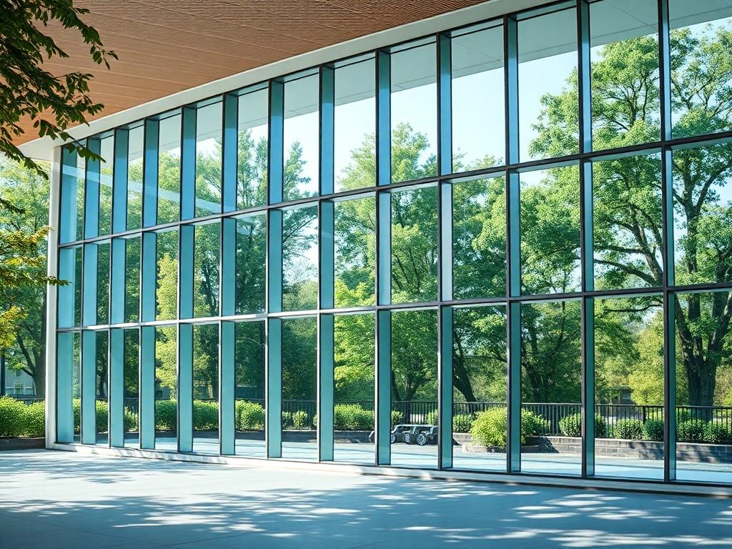 A high-resolution image of a serene library building with large windows, showcasing spotless and gleaming glass. The library should be surrounded by a calming natural environment, with trees and greenery in the background. The composition should be simple and clear, focusing solely on the library structure, emphasizing the cleanliness of the windows, with no people or workers present.
