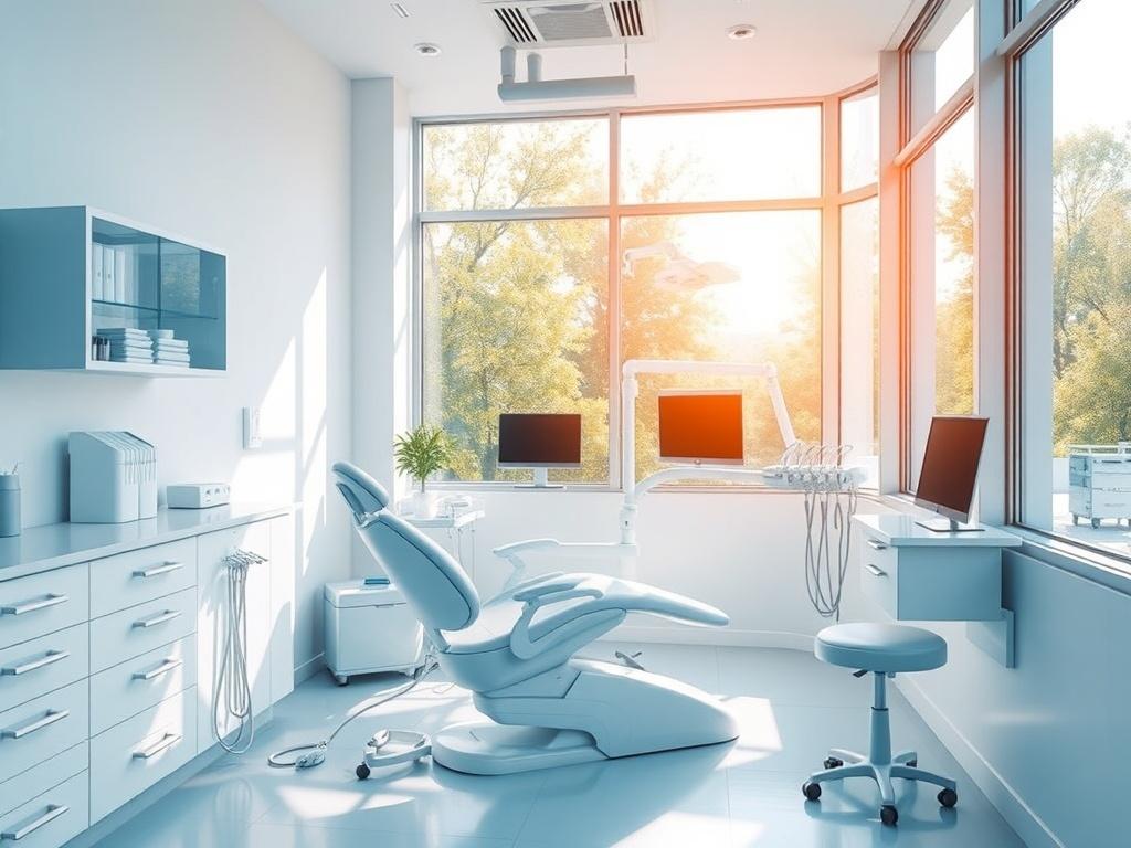 A high-resolution image showcasing a modern dental clinic interior. The image should feature a sleek dental chair, a bright and clean environment, and professional dental tools neatly organized. Natural light should flood through large windows, creating a welcoming atmosphere. The style should be realistic, emphasizing cleanliness and professionalism, with an emphasis on blue and white colors to reflect the soothing ambiance commonly found in medical facilities.