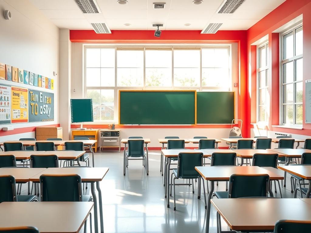 A bright and clean classroom environment, featuring neat rows of desks and chairs. The walls are adorned with educational posters and a large chalkboard is at the front. Sunlight streams through large, spotless windows, highlighting the vibrant colors of the classroom. The floor is polished and the atmosphere is inviting, creating a perfect learning space.