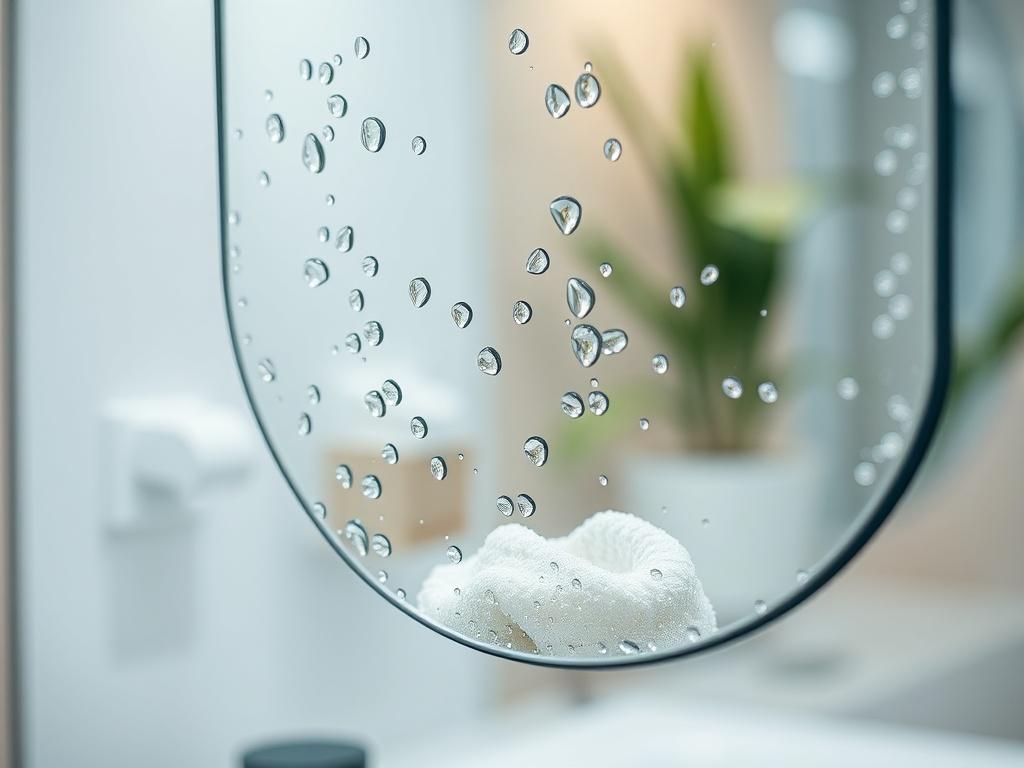 A close-up shot of a mirror with water and soap on it, reflecting a clear and bright environment. The mirror should have a sleek and modern design, with water droplets glistening on its surface, ready to be squeegeed off. The background should be softly blurred to emphasize the mirror, creating a clean and inviting atmosphere. The overall tone should convey freshness and cleanliness, capturing the essence of Lemenzo Vinduespolering's professional services.