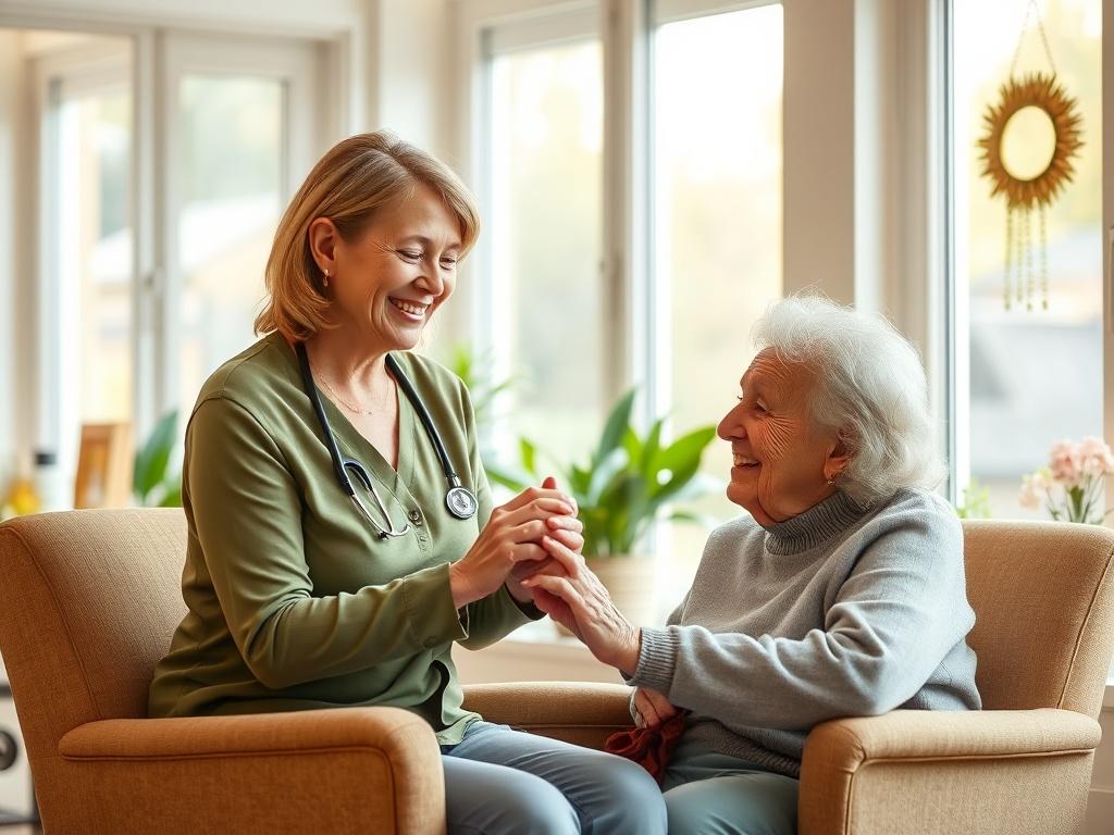 A realistic high-resolution photo of a caring caregiver assisting an elderly resident in a nursing home. The scene should showcase a warm and inviting environment with soft natural lighting coming through large windows. The caregiver, a middle-aged woman, is smiling and gently holding the resident's hand, who is sitting in a comfortable armchair. In the background, there are plants and decorations that create a cozy atmosphere, emphasizing the supportive and caring nature of nursing homes.