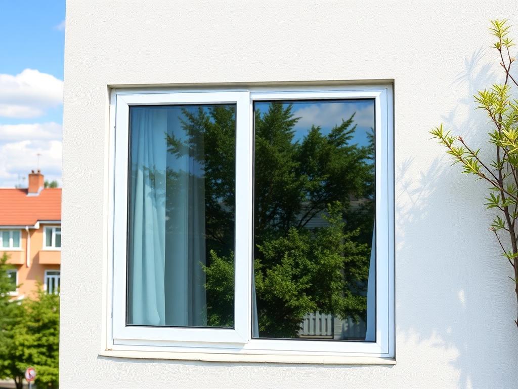A high-resolution image showcasing a clean and sparkling window of a residential building. The window is the main focus, reflecting a clear blue sky and surrounding greenery. The background should be a simple residential area, with no workers present, emphasizing the concept of properties without maintenance staff. The image should have a realistic and inviting feel, with the primary color rgb(40, 93, 225) subtly integrated into the scene.