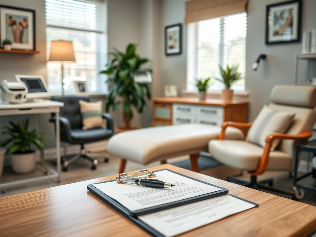 A chiropractor's office featuring a welcoming consultation room with a comfortable chair and a consultation table. The room is well-lit, showcasing professional chiropractic equipment, soothing decor, and a potted plant in the background. The focus is on the consultation table with a clipboard and a pen, emphasizing a friendly and professional atmosphere.