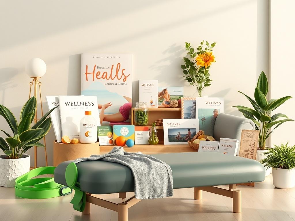 An inviting wellness package display, featuring a selection of wellness items such as exercise bands, nutrition guides, and a chiropractic adjustment table. The scene is bright and welcoming, with a focus on health and vitality. A calming background with soft colors enhances the overall ambiance.