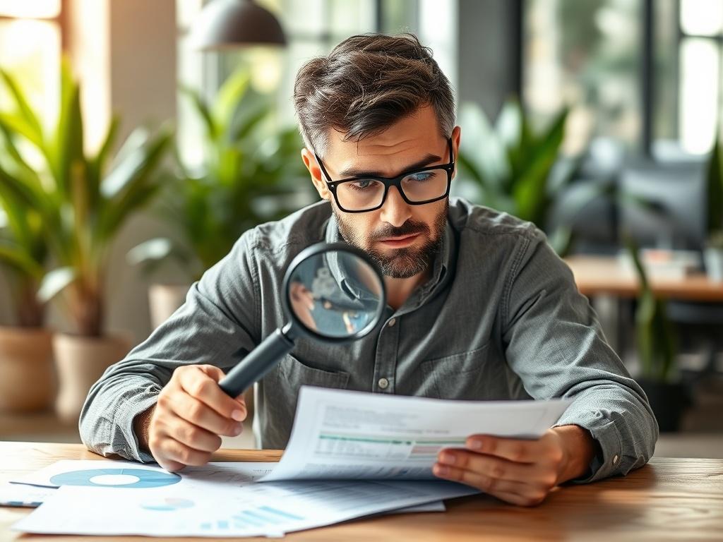 A high resolution image of a professional examining financial reports