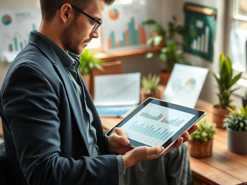 A high resolution image of a business person analyzing financial