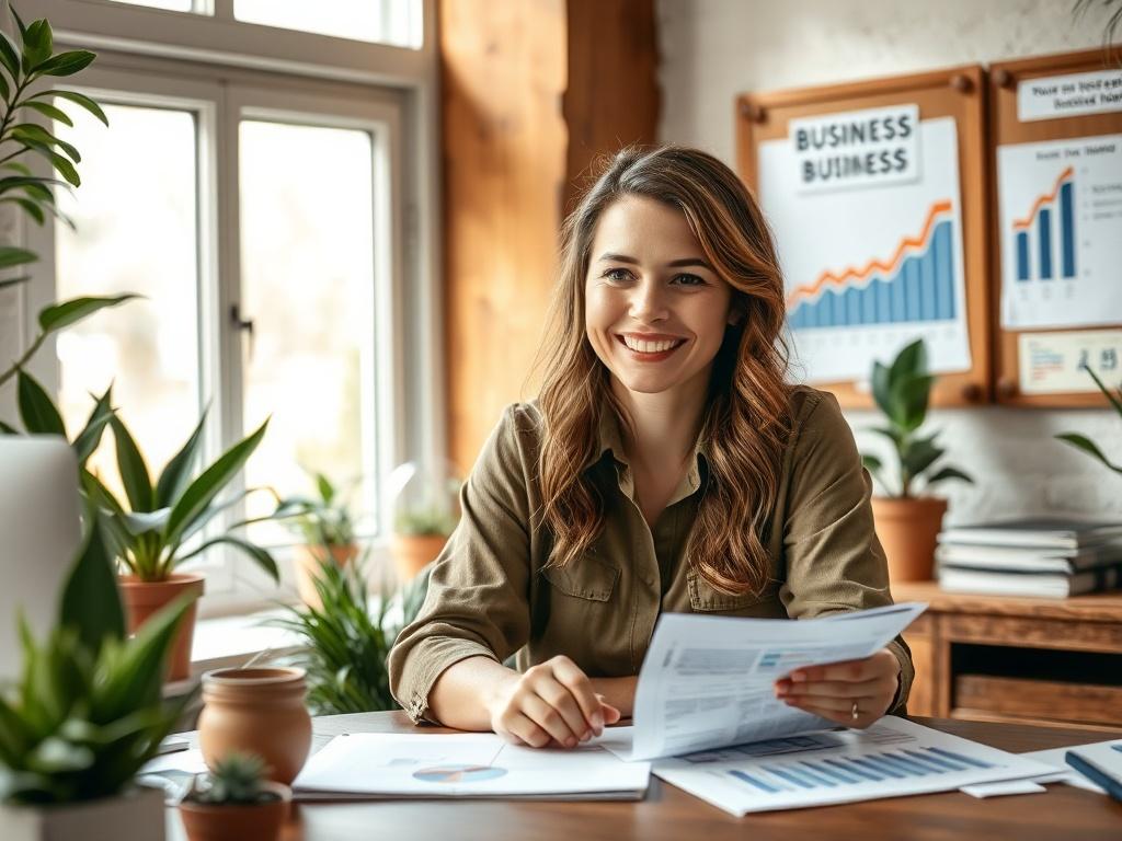 A happy female entrepreneur in her office, smiling while reviewing financial documents and graphs on her desk. The setting is warm and inviting, with natural light streaming in through a window, showcasing plants and earthy textures. The background includes a bulletin board filled with inspirational quotes and a chart indicating business growth. The focus is on her confident expression, reflecting satisfaction with her business progress.