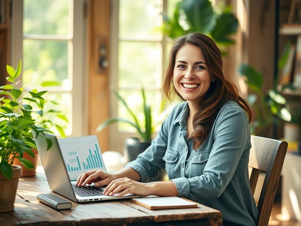 A joyful female entrepreneur in her mid-30s, sitting at a rustic wooden desk in a sunlit office filled with greenery. She has a bright smile, wearing a casual yet professional outfit. The background features a laptop open with financial graphs on the screen, a notepad with notes, and a potted plant, creating a warm and inviting atmosphere. The color palette is earth-toned, with natural textures enhancing the sense of growth and prosperity.