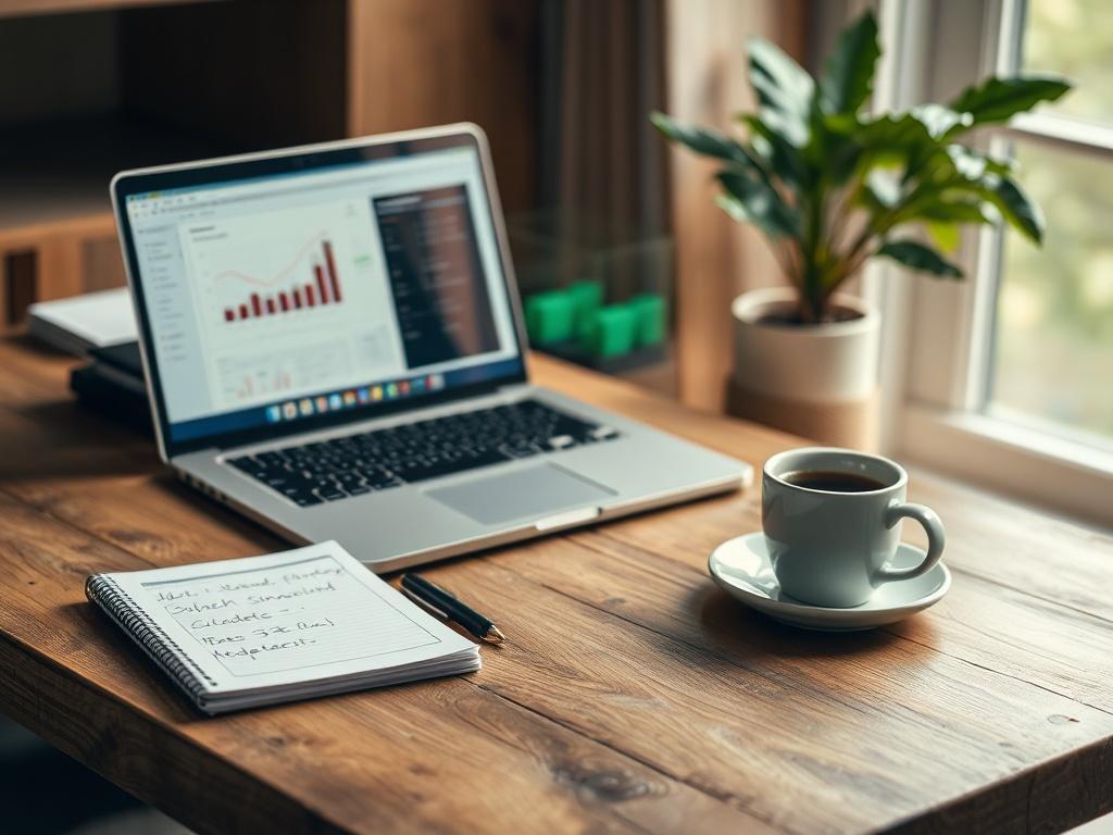 A high-resolution image showing a serene workspace with a clean wooden desk, featuring a laptop displaying financial software, a notepad with neatly written notes, and a cup of coffee. The background should have soft natural light filtering through a window, creating a calm and organized atmosphere that reflects financial clarity and professionalism.