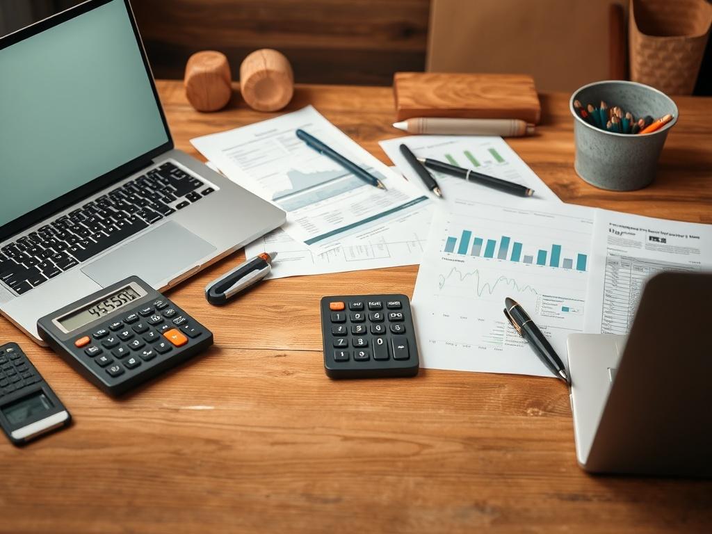 A realistic high-resolution photo of a professional accountant's desk, showcasing a clean workspace with a calculator, financial documents, and a laptop. The background features earthy textures like wooden elements and natural tones. The composition should focus on the desk, emphasizing the tools of financial management in an organized manner.