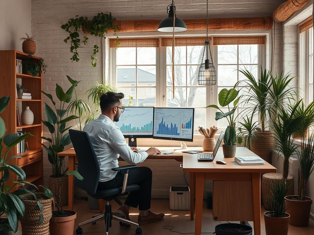 A serene office environment showcasing a professional working on a computer with financial graphs, surrounded by plants and natural light, emphasizing a stress-free workspace.