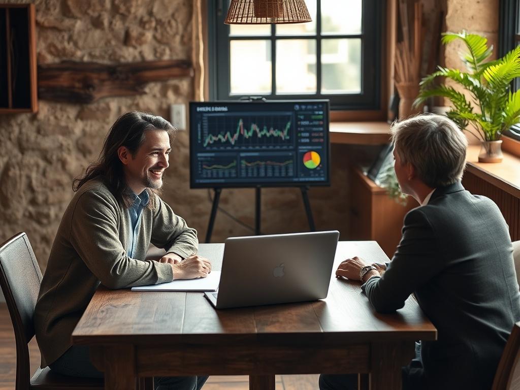 A friendly financial consultant sitting across the table from a client, showcasing a laptop screen with graphs and financial data, with warm lighting creating an inviting atmosphere.
