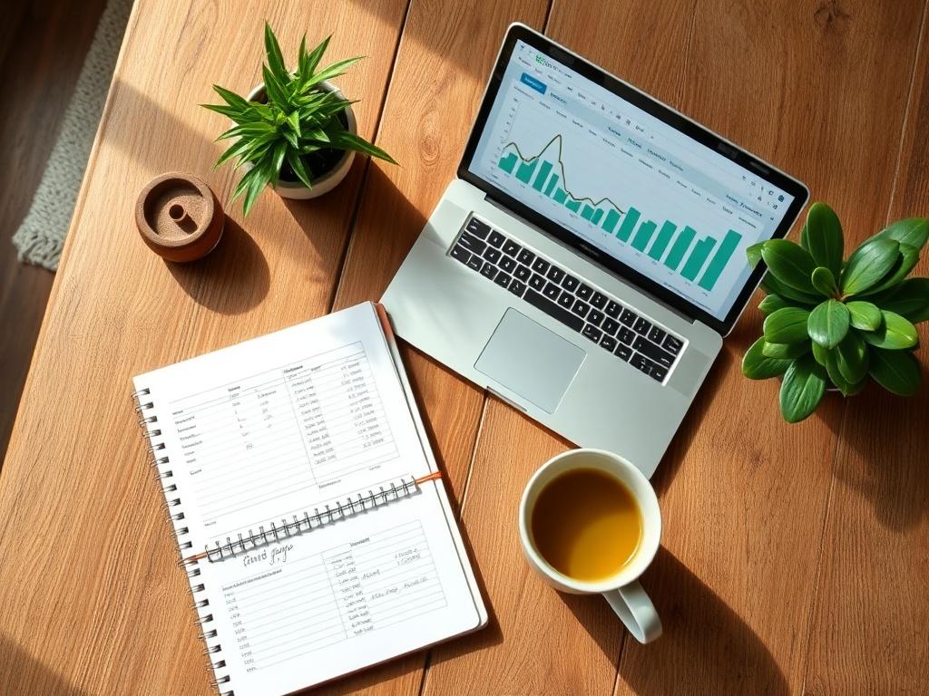 A clean and modern flat lay featuring a laptop displaying a financial dashboard, a notebook with financial notes, and a cup of green tea, all arranged on a rustic wooden table with natural light filtering in.