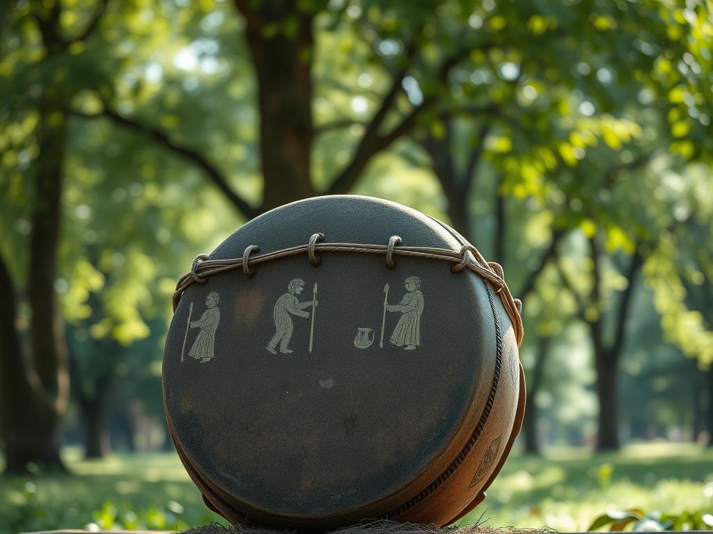 **AI Image Generation Prompt:**

Create a realistic, high-resolution photo that embodies the essence of "เมื่อเสียงคือภาษาแรกของมนุษย์" (When Sound is Humanity's First Language). The image should focus on a single subject: a weathered, traditional drum placed in a serene natural setting. The drum should display intricate patterns that symbolize ancient cultures, emphasizing its historical significance in healing and connection to the invisible. 

The background should consist of lush, green trees and soft n