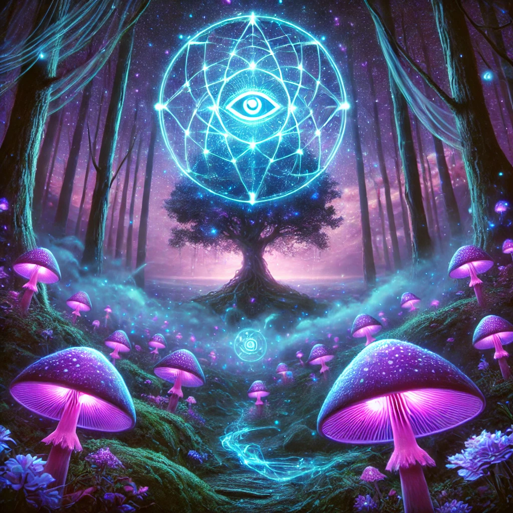dall·e 2025-03-22 22.43.55 - a glowing enchanted forest with bioluminescent mushrooms emitting purple and blue light, surrounded by mystical fog. a sacred tree with swirling energ.webp