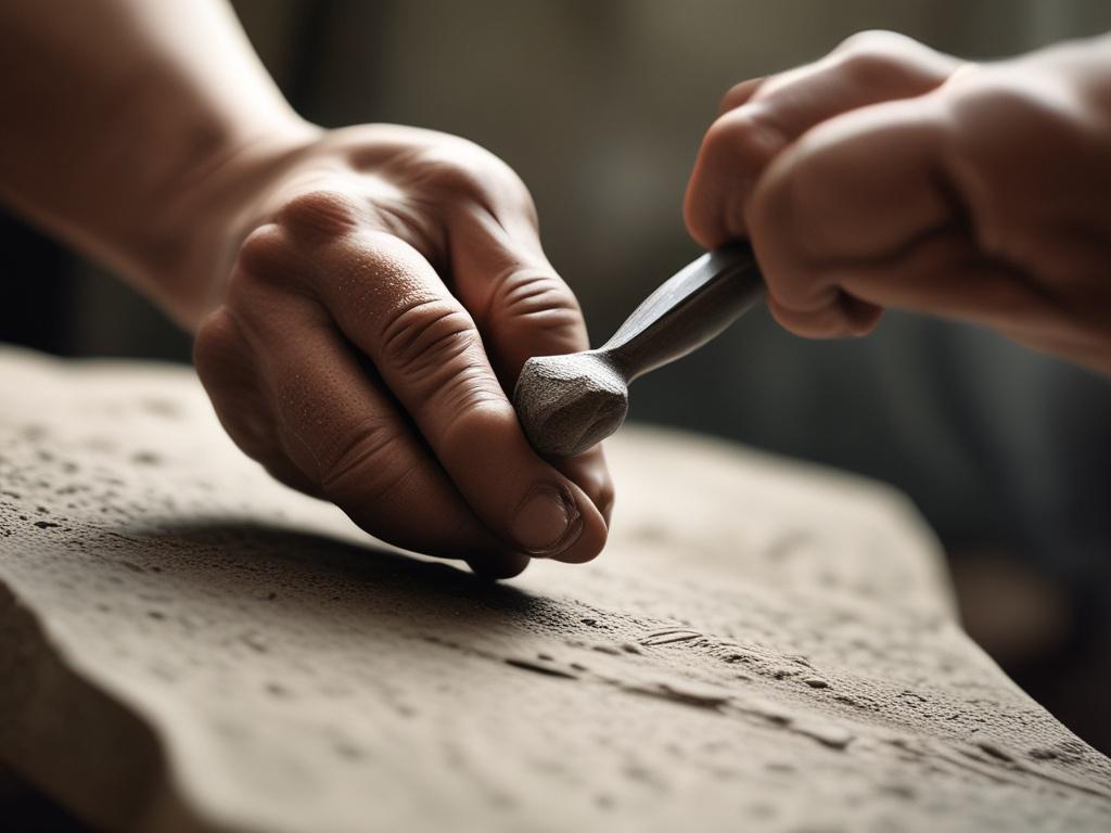 Create a realistic high-resolution close-up photo of a single subject: a human hand holding a finely crafted ancient stone carving tool, reminiscent of a sharp prehistoric flint blade, gradually morphing into a modern sleek AI device shaped like a futuristic tablet or holographic interface. The composition is simple and clear, with a neutral, softly blurred background that subtly blends warm earthy tones and digital blue light gradients, symbolizing the seamless evolution from prehistoric tools to cutting-e