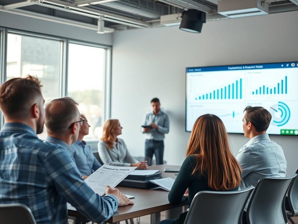 A close-up shot of a professional training session in progress. The focus is on a diverse group of participants engaged in discussion, with a facilitator presenting materials related to compensation and incentives. The background is a modern conference room, featuring a large screen displaying charts and graphs relevant to corporate governance and AI integration in rewards. The image should evoke a sense of collaboration, learning, and professionalism, with natural lighting enhancing the atmosphere.