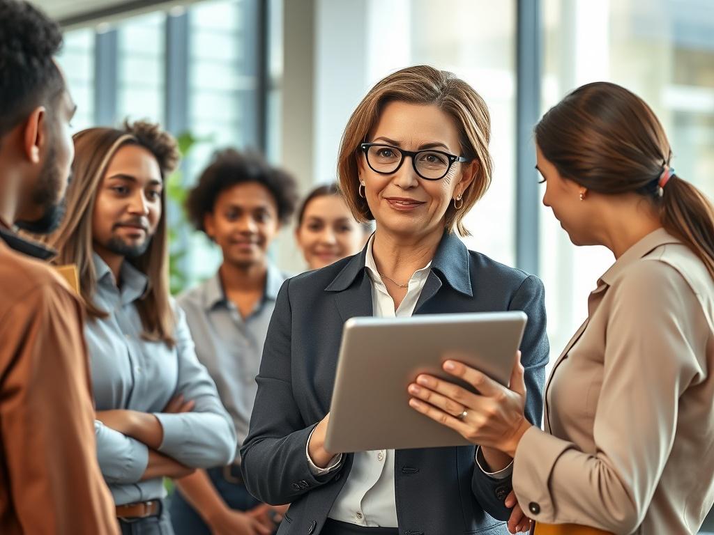 A close-up shot of a professional coach engaging with a group of diverse employees in a modern office setting. The coach, a middle-aged woman with an approachable demeanor, is presenting a performance management model on a digital tablet. The background features sleek office furniture and a large window with natural light streaming in, creating an inviting atmosphere. The color scheme is aligned with rgb(3, 125, 201), emphasizing a vibrant and dynamic work environment.