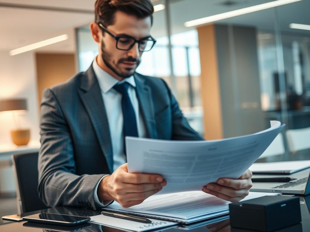 A close-up shot of a professional consultant reviewing compliance documents on a modern desk. The background features a sleek office environment with soft lighting. The consultant is focused and engaged, displaying a confident demeanor. The image is shot with a 45mm f/1.2 lens, emphasizing the clarity of the documents and the consultant's expression. The primary color in the image should complement the rgb(3, 125, 201) theme.