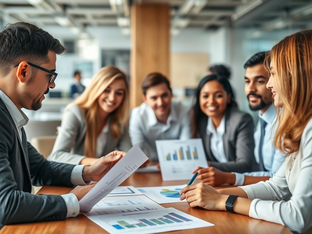 A realistic close-up shot of a diverse group of professionals engaging in a discussion around a table, with documents and charts showcasing compensation strategies. The setting is modern and well-lit, highlighting their collaborative spirit. The background features a blurred office environment, emphasizing a professional atmosphere. The image is designed to evoke feelings of trust, teamwork, and transparency, reflecting the essence of equity in compensation.