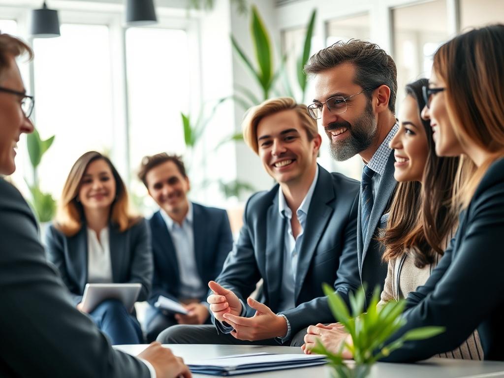 A close-up shot of a professional consultant discussing flexible compensation strategies with a diverse group of employees in a modern office setting. The background should feature a bright, airy office space with plants and contemporary furniture. The focus should be on the engaged expressions of the participants, conveying collaboration and innovation.