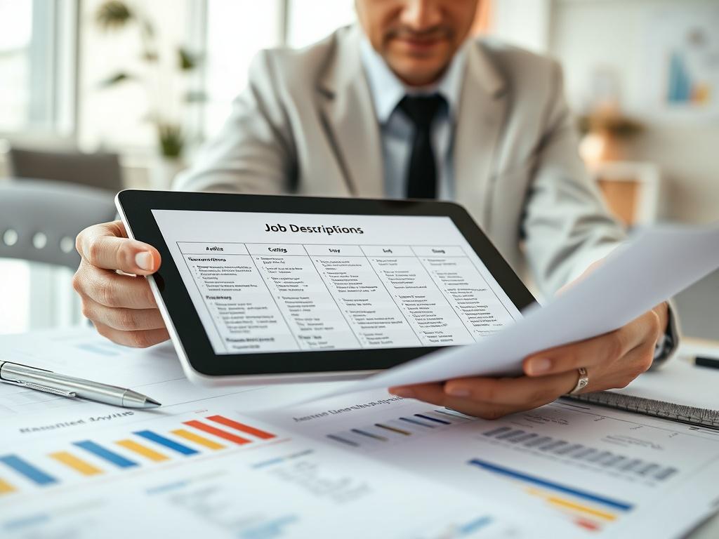 A close-up shot of a professional consultant analyzing job descriptions and grading structures on a digital tablet, surrounded by documents and charts that reflect organizational structures. The background is a modern office setting with soft lighting to convey a sense of professionalism and clarity. The color scheme incorporates the primary color rgb(3, 125, 201) subtly in decor elements.
