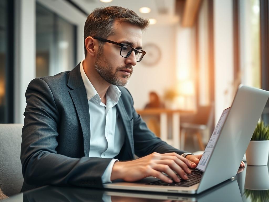 Create a realistic high-resolution photo of a close-up shot focusing on a professional consultant analyzing salary data on a laptop. The background should be a clean and modern office environment, softly blurred to emphasize the consultant's engagement with the data. The image should be shot with a 45mm f/1.2 lens style, ensuring clarity and detail in the subject while maintaining a harmonious color palette that complements the primary color rgb(3, 125, 201).