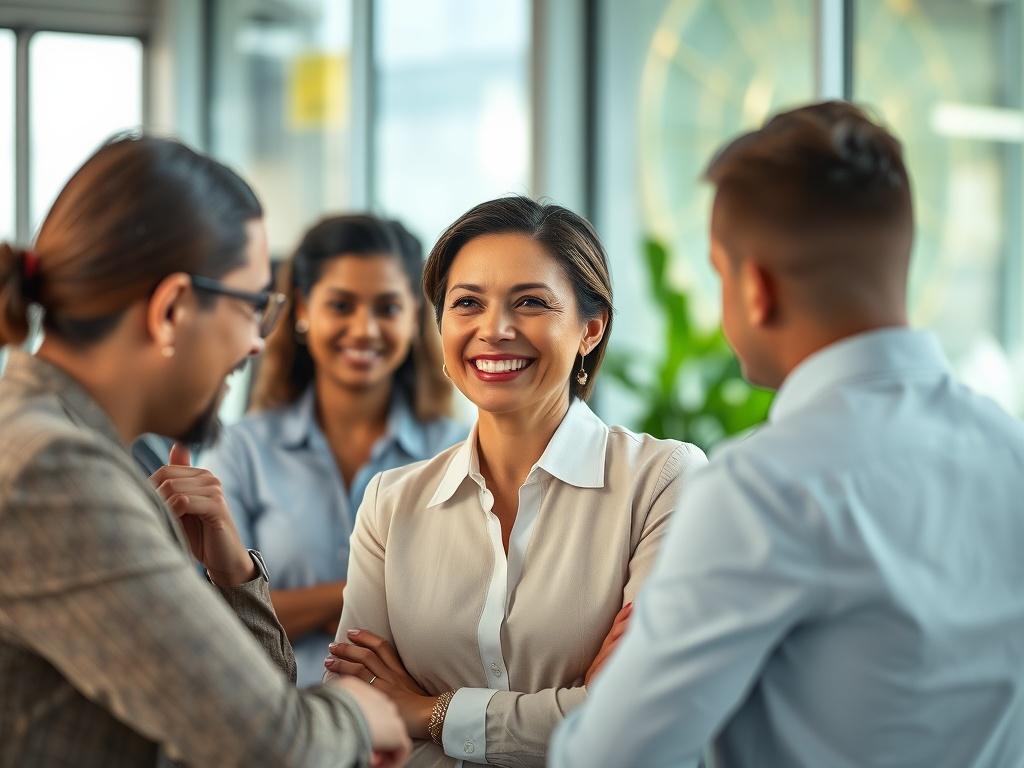 Create a hyper-realistic close-up image of a confident business leader engaging with their team in a modern office setting. The leader, a middle-aged Hispanic woman, is smiling and actively listening to a diverse group of young professionals around her. The background should be a bright, open-plan office with large windows allowing natural light to fill the space. The focus should be on the leader's expressive face and the positive interactions, capturing a sense of collaboration and support. The image shou