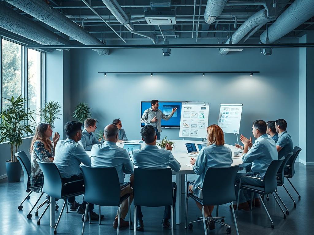 A lively workshop session with an engaging facilitator interacting with a group of diverse participants, all seated around a large table with visual aids, in a bright and welcoming environment.