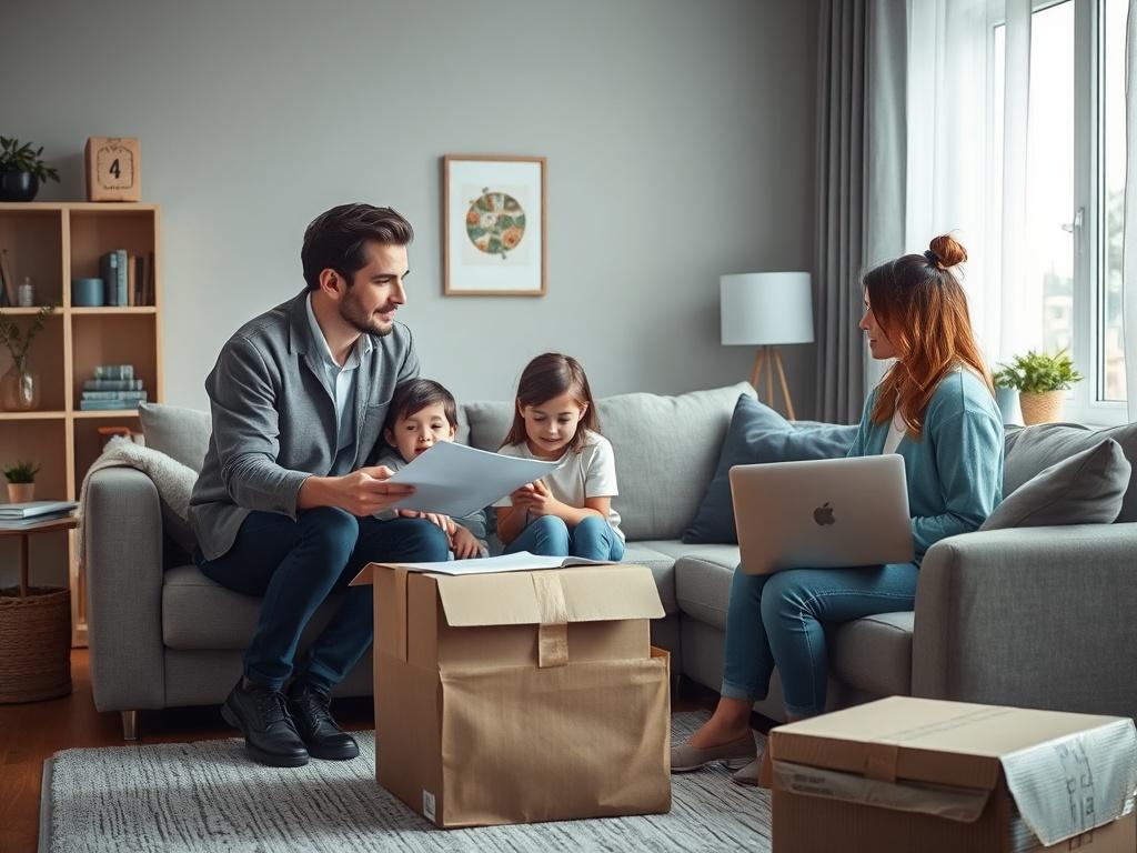 A consultant discussing relocation plans with a family in a cozy living room, filled with boxes, documents, and a laptop, showcasing a supportive and organized atmosphere.