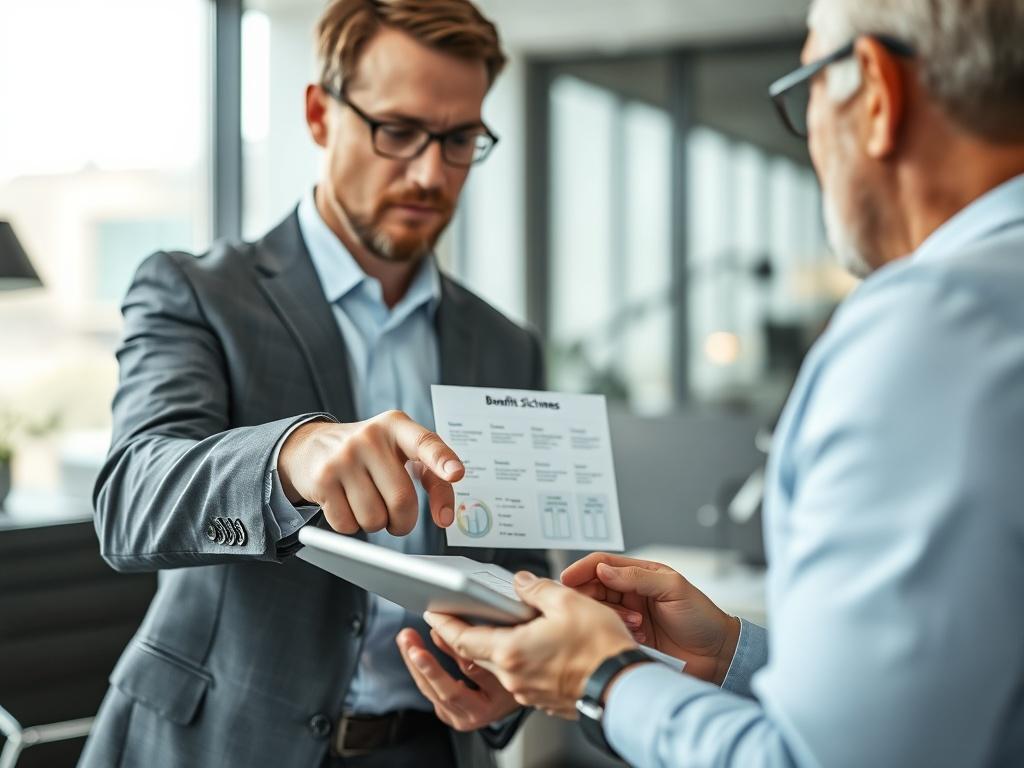 A hyper-realistic close-up shot of a professional consultant discussing benefits schemes with a client. The background is a modern office setting with soft lighting, emphasizing collaboration and strategy. The consultant is pointing towards a document or tablet displaying a diagram of benefits options. The image is focused on the interaction, showcasing engagement and professionalism, shot with a 45mm f/1.2 lens style.