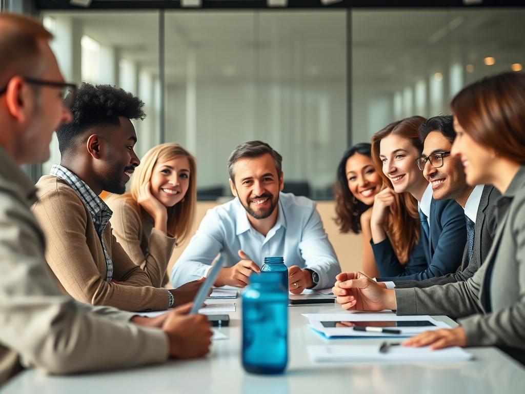 A close-up shot of a diverse group of professionals engaged in a strategic discussion around a conference table. The setting is modern and well-lit, with a focus on their expressions of collaboration and thoughtfulness. The background should be softly blurred to emphasize the subjects while incorporating hints of the primary color rgb(3, 125, 201) in the decor elements around them. The image should be realistic, high-resolution, and shot with a 45mm f/1.2 lens style.
