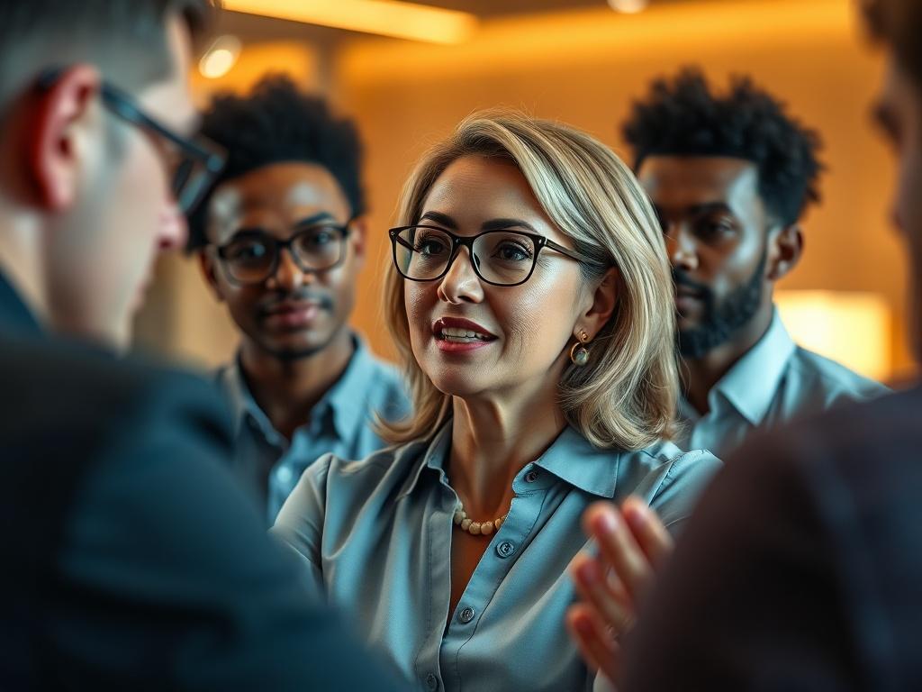 A hyper-realistic close-up shot of a diverse group of professionals engaged in a coaching session. The setting is a modern office with warm lighting, creating an inviting atmosphere. One coach, a middle-aged woman with a confident demeanor, is speaking to her team. The focus is on her expressive face, showcasing her passion for leadership. The background is subtly blurred, highlighting the interaction and the energy in the room. The color palette includes shades of blue, complementing the primary color rgb(