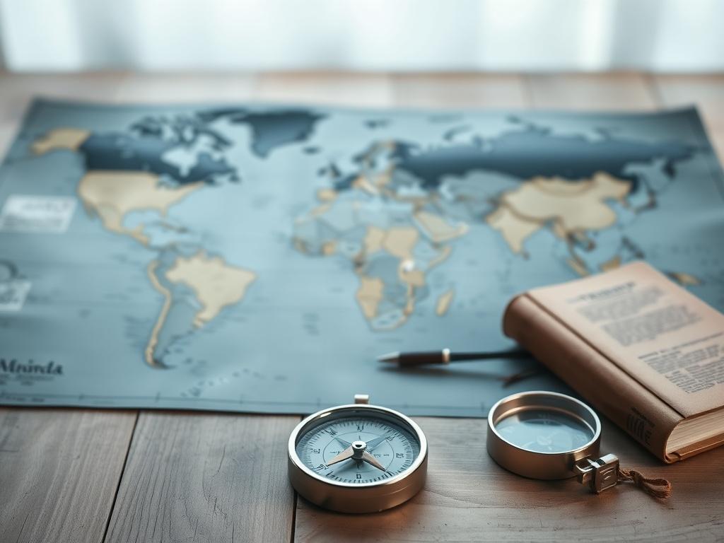 A high-resolution photo of a world map laid out on a wooden table, with a vintage compass and a travel journal beside it. The background should feature soft grays and rich blues, creating a calming atmosphere that evokes a sense of adventure and exploration. The compass should be positioned in the foreground, drawing the viewer's eye, while the map and journal provide context for international travel.