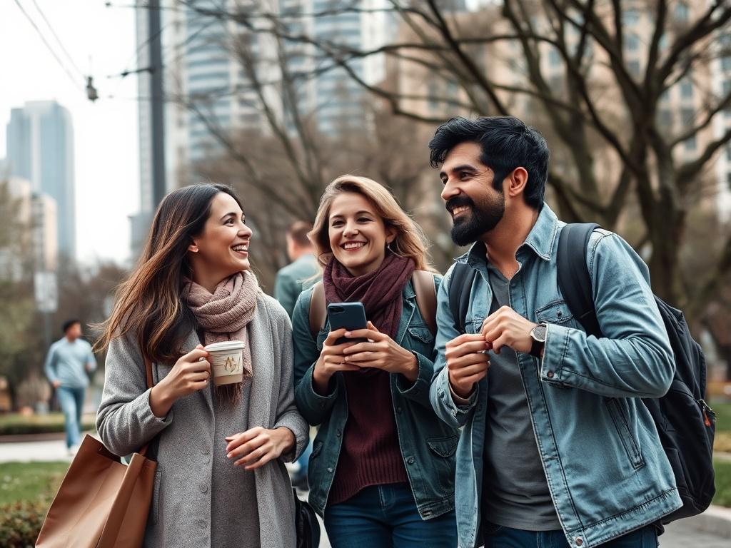 An expatriate family enjoying their new surroundings in a vibrant city park, smiling and interacting with locals. The image captures the essence of cultural integration and support as they explore their new environment.