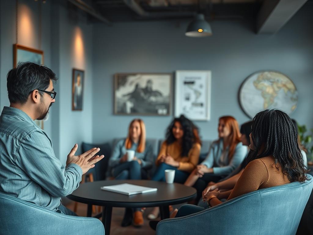 A cultural coach engaging with a diverse group of individuals in an interactive workshop, set in a cozy, well-lit environment with cool-toned decor. The focus is on collaboration and learning, highlighting the diverse backgrounds of the participants.