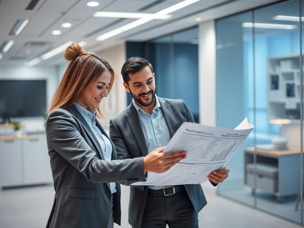 A relocation consultant reviewing a detailed plan with a client in a sleek office environment, showcasing a blend of rich blues and soft grays. The image should focus on the dynamic interaction and planning process.