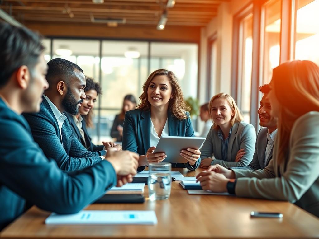 A close-up shot of a diverse group of professionals engaged in a dynamic discussion around a conference table. The setting is modern and bright, with natural light pouring in through large windows, creating a warm and inviting atmosphere. The focus is on one individual, a confident woman presenting ideas with a digital tablet in hand, while the others listen attentively, showcasing a collaborative environment. The colors in the image are vibrant, with a dominant blue hue (rgb(3, 125, 201)) that enhances the