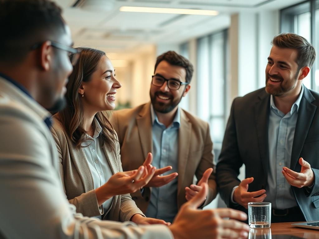 A close-up shot of a diverse group of professionals engaged in a dynamic discussion in a modern office setting. The focus is on three individuals, one woman and two men, deep in conversation, with expressions of enthusiasm and collaboration. The background features a sleek, minimalist office with soft lighting, emphasizing a warm and inviting atmosphere. The primary color rgb(3, 125, 201) is subtly integrated in the decor or furnishings.